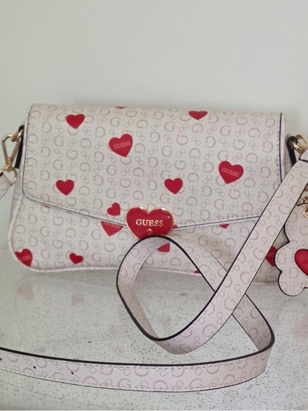 GUESS White Crossbody Bag with Red Heart Accents